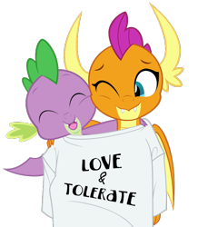 Size: 600x688 | Tagged: safe, artist:queencold, smolder, spike, dragon, clothes, commission, cute, duo, fangs, female, love and tolerate, male, oversized clothes, oversized shirt, shared clothing, shirt, simple background, smolderbetes, spikabetes, spolder, t-shirt, transparent background, winged spike