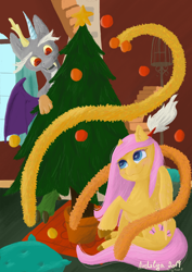 Size: 2480x3508 | Tagged: safe, artist:ardilya, discord, fluttershy, draconequus, pegasus, pony, christmas, christmas tree, colourful, digital art, discoshy, female, happy, holiday, home, male, shipping, straight, tree