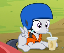 Size: 549x459 | Tagged: safe, screencap, rumble, pegasus, pony, marks and recreation, colt, cropped, cute, drink, drinking, hay, hay smoothie, helmet, male, prone, rumblebetes, solo, straw