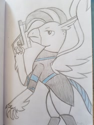 Size: 774x1032 | Tagged: safe, artist:dyonys, derpibooru import, oc, oc only, hippogriff, clothes, gun, male, solo, traditional art, weapon