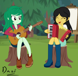 Size: 2284x2232 | Tagged: safe, artist:danielitamlp, wallflower blush, oc, oc:dany melody, equestria girls, tree stump