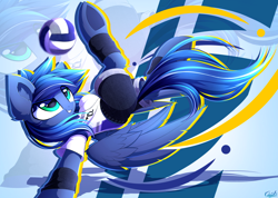 Size: 3636x2592 | Tagged: safe, artist:kaleido-art, derpibooru import, oc, oc only, oc:lightning flare, pegasus, pony, ball, clothes, commission, ear fluff, male, shirt, shorts, signature, smiling, solo, sports, volleyball, wristband, zoom layer