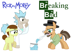 Size: 1376x1024 | Tagged: safe, artist:vgc2001, earth pony, pony, grannies gone wild, spoiler:s08e05, beard, breaking bad, clothes, colt, crossover, drugs, erlenmeyer flask, facial hair, glasses, hat, heisenberg, heisenbuck, lab coat, logo, male, meth, morty smith, ponified, pony morty, pony rick, reference, rick and morty, rick sanchez, stallion, walter white
