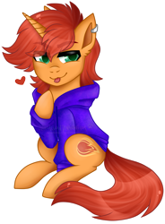 Size: 2521x3425 | Tagged: safe, artist:nekomellow, derpibooru import, oc, oc only, oc:flaming arrow, pony, unicorn, art trade, clothes, heart, hoodie, outline, simple background, sitting, solo, transparent background, watermark