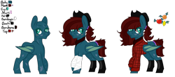 Size: 2250x1000 | Tagged: safe, artist:fulicioustm, artist:kookiebeatz, derpibooru import, oc, oc only, oc:midnight harvest (ice1517), bat pony, pony, bandana, base used, blushing, boots, clothes, cowboy hat, cut, female, flannel, hat, mare, ponytail, reference sheet, scar, scratching, shoes, simple background, solo, transparent background