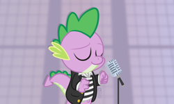 Size: 1000x600 | Tagged: safe, artist:dm29, spike, dragon, april fools, clothes, eyes closed, microphone, rick astley, rickroll