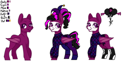 Size: 2000x1000 | Tagged: safe, artist:fulicioustm, artist:kookiebeatz, derpibooru import, oc, oc only, oc:after-party, bat pony, pony, base used, bat pony oc, blushing, boots, clothes, costume, eyeshadow, face paint, female, harlequin, harlequin jester, hat, jester, jester hat, makeup, mare, outfit, raised hoof, reference sheet, shoes, simple background, solo, transparent background