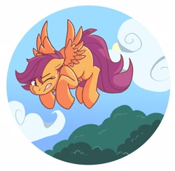 Size: 2048x1995 | Tagged: safe, artist:modularpon, scootaloo, pegasus, pony, blank flank, eye clipping through hair, female, flying, scenery, scootaloo can fly, sidemouth, solo, spread wings, tree, wings