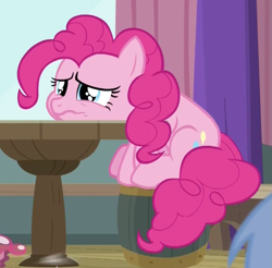 Size: 1097x1079 | Tagged: safe, derpibooru import, screencap, pinkie pie, earth pony, pony, a trivial pursuit, cropped, female, mare, sad, sitting, solo, table