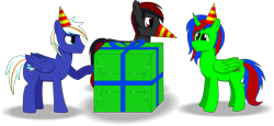 Size: 3801x1741 | Tagged: safe, artist:atrimy redclouds, derpibooru exclusive, derpibooru import, oc, oc only, oc:atrimy redclouds, oc:christian clefnote, oc:electric blue, alicorn, pegasus, pony, alicorn oc, happy birthday, hat, male, party hat, present, stallion