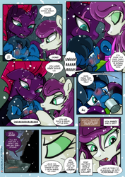 Size: 2480x3508 | Tagged: safe, artist:dsana, fizzlepop berrytwist, tempest shadow, oc, oc:lullaby dusk, oc:thistledown, earth pony, pegasus, pony, unicorn, comic:a storm's lullaby, bandage, comic, crying, needle, snow