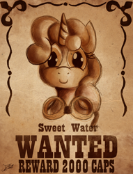 Size: 2042x2671 | Tagged: safe, artist:jamescorck, derpibooru import, oc, oc only, oc:sweetwater, pony, unicorn, fallout equestria, fallout, female, filly, goggles, not sweetie belle, reward, sketch, the hopeful four, wanted poster, western