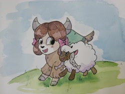 Size: 5120x3840 | Tagged: safe, artist:lightisanasshole, yona, pony, sheep, yak, adorkable, bow, cloven hooves, crossover, cute, dork, duo, female, grass, grass field, hair bow, happy, monkey swings, pet, pokemon sword and shield, pokémon, running, solo, traditional art, watercolor painting, wooloo, yonadorable