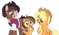 Size: 1224x734 | Tagged: safe, artist:zafara1222, applejack, oc, oc:clementine, oc:deadeye, earth pony, pony, alternate hairstyle, base used, bow, braid, canon x oc, clothes, coat markings, cowboy hat, female, filly, freckles, granny smith's shawl, hair bow, hat, offspring, parent:oc:deadeye, parents:canon x oc, pinto, scarf, shirt, simple background, stubble, transparent background, vest