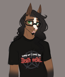 Size: 1995x2340 | Tagged: safe, artist:askbubblelee, derpibooru import, oc, oc only, oc:walter nutt, anthro, earth pony, alternate hairstyle, anthro oc, clothes, facial hair, goatee, male, nose piercing, nose ring, piercing, shirt, simple background, smiling, solo, stallion