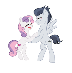 Size: 1036x1048 | Tagged: safe, artist:lunaticdawn, artist:tamersworld, rumble, sweetie belle, pegasus, pony, unicorn, blushing, colt, cutie mark, female, filly, holding hooves, male, rumbelle, shipping, smiling, straight, teenager, trace