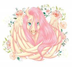 Size: 2449x2449 | Tagged: safe, artist:elenanava19, artist:eperyton, fluttershy, horse, pegasus, pony, beautiful, cute, female, flower, hair over one eye, looking at you, mare, realistic anatomy, shyabetes, simple background, solo, stray strand, white background