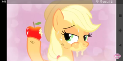 Size: 1440x720 | Tagged: safe, screencap, applejack, earth pony, pony, simple ways, apple, apple juice, eating, food, heart, herbivore, hoof hold, juice, out of context, screenshot failure, solo, stupid sexy applejack, suggestive eating, sweat, watermark