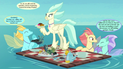 Size: 1152x648 | Tagged: safe, edit, edited screencap, screencap, hippogriff, seapony (g4), surf and/or turf, background hippogriff, background sea pony, caviar, cropped, cup, dialogue, food, implied princess skystar, implied silverstream, jewelry, kelp, necklace, ocean, picnic, plate, speech bubble, sushi, teacup, teapot