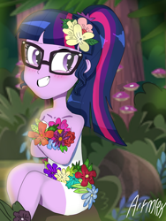 Size: 1800x2400 | Tagged: safe, artist:artmlpk, sci-twi, twilight sparkle, equestria girls, blushing, crossed arms, cute, female, flower, flower in hair, plant, ponytail, rose, smiley face, solo, tree, twiabetes