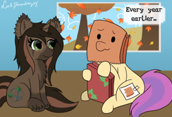 Size: 2276x1558 | Tagged: safe, artist:lucill-dreamcatcher, derpibooru import, oc, oc:paper bag, oc:visu, earth pony, pony, unicorn, autumn, dialogue, fake cutie mark, green eyes, leaves, paper bag, sitting, tree