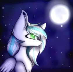 Size: 3321x3307 | Tagged: safe, artist:mimihappy99, derpibooru import, oc, oc:meridia, pegasus, pony, female, heart eyes, mare, moon, night, present, solo, stars, wingding eyes