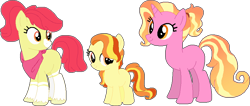 Size: 934x395 | Tagged: safe, artist:klawiee, artist:selenaede, apple bloom, luster dawn, oc, oc:golden harvest, base used, crack shipping, family, female, lesbian, lusterbloom, offspring, parent:apple bloom, parent:luster dawn, parents:lusterbloom, shipping