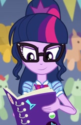 Size: 700x1080 | Tagged: safe, derpibooru import, edit, edited screencap, editor:axal-5, screencap, sci-twi, twilight sparkle, better together, equestria girls, rollercoaster of friendship, book, cropped, geode of telekinesis, glasses, inverted mouth, magical geodes, solo