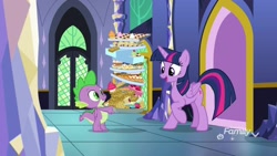 Size: 1920x1080 | Tagged: safe, derpibooru import, screencap, spike, twilight sparkle, twilight sparkle (alicorn), alicorn, dragon, pony, father knows beast, apple fritter (food), cake, cupcake, food, tray, winged spike