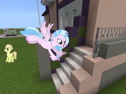 Size: 2048x1536 | Tagged: safe, artist:cheezedoodle96, artist:vector-brony, edit, editor:topsangtheman, silverstream, crystal pony, hippogriff, pony, golden glitter, looking at you, mansion, minecraft, stairs, that hippogriff sure does love stairs, truck