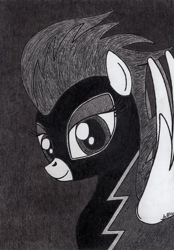 Size: 2440x3504 | Tagged: safe, artist:aracage, derpibooru import, nightshade, bust, charcoal drawing, clothes, costume, female, portrait, shadowbolts, shadowbolts (nightmare moon's minions), shadowbolts costume, solo, traditional art