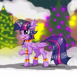 Size: 2500x2500 | Tagged: safe, artist:rurihal, twilight sparkle, twilight sparkle (alicorn), alicorn, pony, bell, chest fluff, christmas, christmas tree, ear fluff, holiday, snow, snowfall, solo, tree, winter