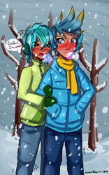 Size: 2625x4200 | Tagged: safe, artist:mylittleyuri, derpibooru import, gallus, sandbar, human, clothes, coat, cute, digital art, earmuffs, gallbar, gay, humanized, male, scarf, shipping, snow, snowfall, winter