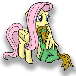 Size: 1410x1428 | Tagged: safe, artist:anon3mous1, fluttershy, oc, pegasus, pony, unicorn, fanfic:trust once lost, crying, female, filly, hug, mare, self insert, simple background, transparent background, unicorn oc, winghug