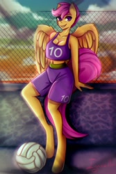 Size: 900x1350 | Tagged: safe, artist:igazella, derpibooru import, scootaloo, anthro, pegasus, ball, belly button, boobaloo, breasts, cleavage, clothes, female, midriff, older, older scootaloo, shirt, shorts, smiling, solo, sports, sports uniform, volleyball, ych result