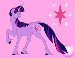 Size: 3300x2550 | Tagged: safe, artist:will-owl-the-wisp, twilight sparkle, unicorn twilight, pony, unicorn, cloven hooves, female, mare, pink background, raised hoof, simple background, solo, unshorn fetlocks