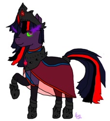 Size: 400x440 | Tagged: safe, artist:landofwaterfallsandturquoise, derpibooru import, twilight sparkle, unicorn twilight, pony, unicorn, armor, ask corrupted twilight sparkle, cape, clothes, collar, corrupted, corrupted element of harmony, corrupted element of magic, corrupted twilight sparkle, crown, curved horn, dark, female, hoof shoes, horn, jewelry, necklace, queen twilight, regalia, robe, solo, sombra eyes, sombra horn, tiara, tumblr, tyrant sparkle