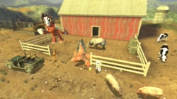 Size: 1280x720 | Tagged: safe, artist:horsesplease, double diamond, trouble shoes, bird, bull, chicken, cow, dog, pig, 3d, farm, flying, gmod, mudsdale, pokémon, superhero