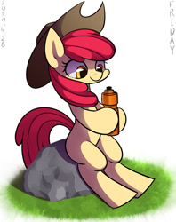 Size: 655x825 | Tagged: safe, artist:tangankittentail, apple bloom, earth pony, pony, adorabloom, applejack's hat, blank flank, cowboy hat, cute, female, filly, hat, hoof hold, pixiv, rock, sitting, solo, stetson, water bottle