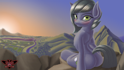 Size: 3840x2160 | Tagged: safe, artist:tsaritsaluna, derpibooru import, limestone pie, blushing, farm, female, forest, hill, looking at you, mare, mountain, plot, river, scenery, sitting, sunrise, town