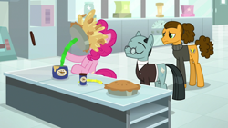 Size: 1920x1080 | Tagged: safe, screencap, cheese sandwich, pinkie pie, earth pony, pony, the last laugh, food, pie, sans smirk