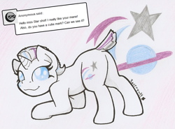 Size: 947x700 | Tagged: safe, artist:ravenpuff, oc, oc:star shot, pony, unicorn, female, filly, short tail, solo