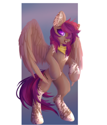 Size: 2383x2782 | Tagged: safe, artist:rokufuro, oc, oc only, oc:asteroid trail, pegasus, pony, bandana, bipedal, female, looking at you, mare, smiling, solo, spread wings, standing, wings, ych result