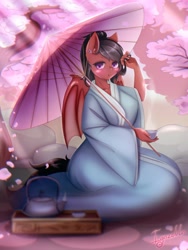 Size: 1470x1960 | Tagged: safe, artist:igazella, derpibooru import, oc, oc only, oc:mariposa, anthro, bat pony, :o, anime, anthro oc, bat pony oc, blushing, cherry blossoms, clothes, cup, cute, ear piercing, earring, flower, flower blossom, holding, jewelry, kimono (clothing), looking at you, open mouth, piercing, ponytail, rock, signature, sitting, solo, steam, teacup, teapot, tree, umbrella, ych result