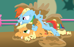 Size: 3536x2269 | Tagged: safe, artist:porygon2z, derpibooru import, applejack, rainbow dash, earth pony, pegasus, pony, catfight, farm, fight, freckles, looking at each other, mud, mud wrestling, playing