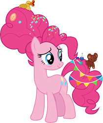 Size: 3500x4176 | Tagged: safe, artist:cloudyglow, pinkie pie, earth pony, pony, the last problem, .ai available, candy, female, food, lollipop, mare, older, older pinkie pie, rubber duck, simple background, smiling, solo, teddy bear, transparent background, vector