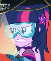 Size: 623x750 | Tagged: safe, sci-twi, twilight sparkle, better together, equestria girls, spring breakdown, angry, cropped, flashlight (object), safety goggles, sleeveless, solo