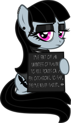 Size: 702x1208 | Tagged: safe, artist:lightningbolt, derpibooru exclusive, oc, oc only, oc:goth lass, earth pony, .svg available, bags under eyes, black sclera, clothes, dyed mane, dyed tail, ear piercing, earring, eyeliner, eyeshadow, female, goth, gothic, hoof hold, implied murder, jewelry, lidded eyes, looking at you, makeup, mare, piercing, pony shaming, shirt, sign, simple background, sitting, skirt, solo, svg, tattoo, transparent background, vector