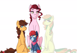 Size: 2880x1989 | Tagged: safe, artist:h0mi3, oc, oc only, oc:apple blossom, oc:apple buck, oc:apple fritter, oc:sweet apple, earth pony, ghost, undead, colt, cousins, female, filly, male, mare, neckerchief, next gen apples, next generation, offspring, parent:apple bloom, parent:applejack, parent:big macintosh, parent:caramel, parent:cheerilee, parent:pipsqueak, parents:carajack, parents:cheerimac, parents:pipbloom, simple background, white background