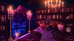 Size: 4320x2430 | Tagged: safe, artist:hazepages, oc, oc:flavis, oc:flechette, changeling, blanket, book, bookshelf, candle, chandelier, cloud, globe, inkwell, library, night, pillow, quill, red changeling, scroll, sofa, window, yellow changeling